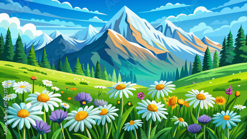 Very beautiful blooming daisies in a lush green meadow with snow-capped mountains in the background, vector-style illustration highlighting vibrant colors, natural textures, and serene alpine landscap