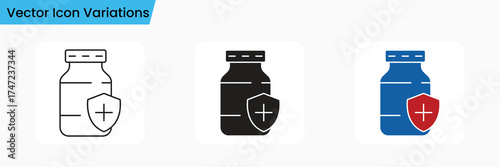 Medical Bottle Shield Icon Set Outline, Solid, and Color Variants for Health and UI Design