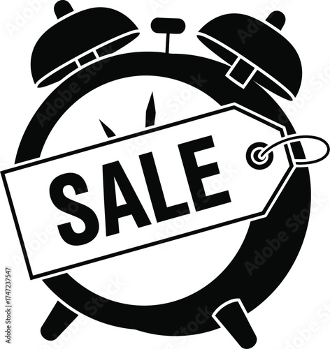 Alarm clock with a sale tag isolated on white background, symbolizing timelimited offers