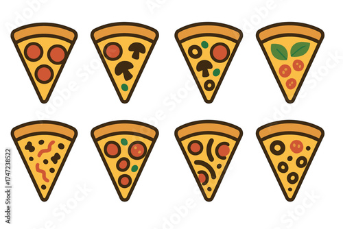 Pizza slices with various toppings vector icon set. Simple cartoon collection of different pizza types.