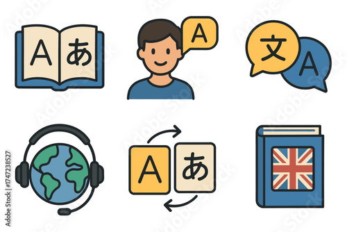 Language learning and translation vector icon set. Collection of symbols for online courses, study, and communication.