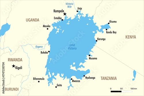 Vector Map of Lake Victoria with Surrounding Countries and Major Cities