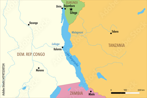 Vector Map of Lake Tanganyika with Surrounding Countries and Major Cities