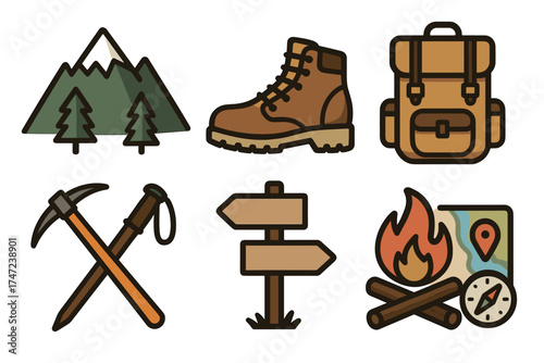 Hiking and mountaineering equipment vector icon set. Collection of rustic items for outdoor adventure.