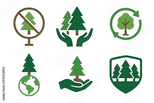 Forest conservation and deforestation prevention vector icon set. Collection of green glyph symbols for ecology and nature.