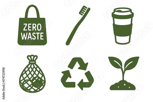 Zero waste and eco friendly lifestyle green glyph icon set. Vector symbols for sustainable living and recycling.