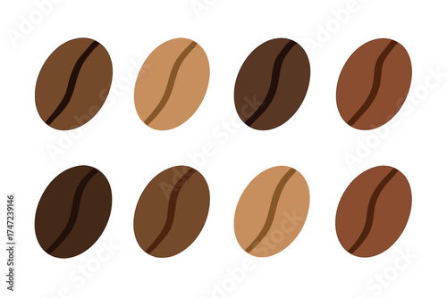 Coffee bean roast levels flat vector icon set. Collection of various coffee beans from light to dark roast.