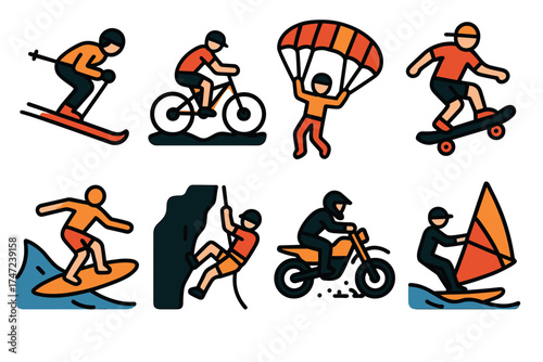 Extreme and outdoor sports vector icon set. Collection of characters doing various adventure and action activities.