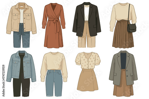 Women's fashion outfits and street style vector illustration set. Collection of stylish and modern casual clothing looks.