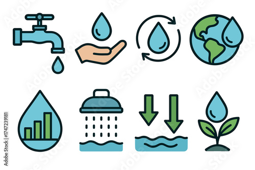 Water conservation and saving vector icon set. Collection of eco friendly symbols for water resources and ecology.