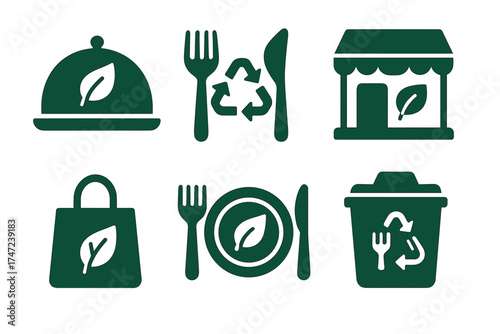 Sustainable food and eco friendly eating green glyph icon set. Vector symbols for zero waste and organic restaurants.