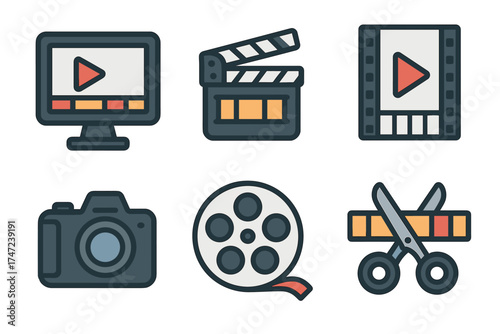 Video production and film editing vector icon set. Collection of various symbols for filmmaking and cinematography.