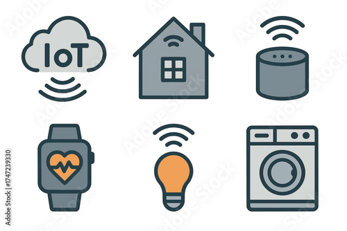 Internet of Things (IoT) and smart home vector icon set. Simple collection of various connected devices.