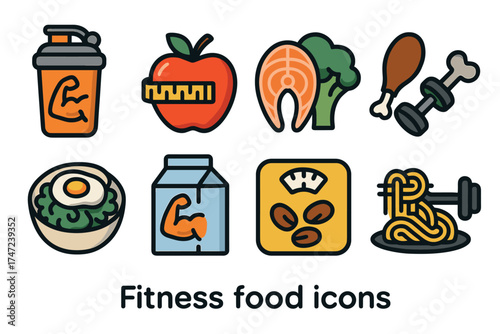 Fitness food and nutrition for athletes vector icon set. Collection of symbols for a healthy bodybuilding diet.