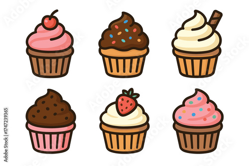 Cute cupcakes with various toppings cartoon vector icon set. Collection of colorful and delicious dessert muffins.