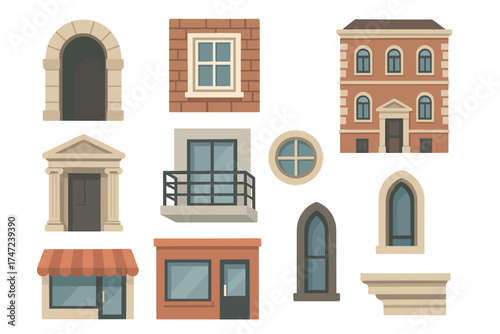 Architectural elements and building facades flat vector set. Collection of various classic and modern window and door designs.