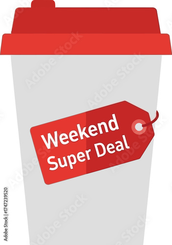 Coffee cup with a weekend super deal tag isolated on white background for promotion