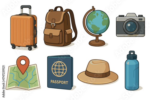 Travel and vacation essentials vector illustration set. Doodle collection of items for a journey or holiday.
