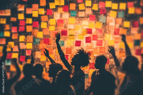 Democratic participation workshop with dot voting hands raised collective decision making silhouettes