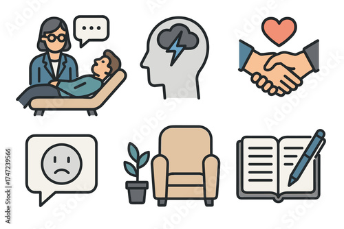 Psychology and mental health therapy vector icon set. Collection of symbols for counseling, support, and wellness.