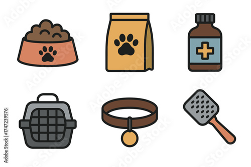 Pet supplies and accessories vector icon set. Simple collection of items for dog and cat care.