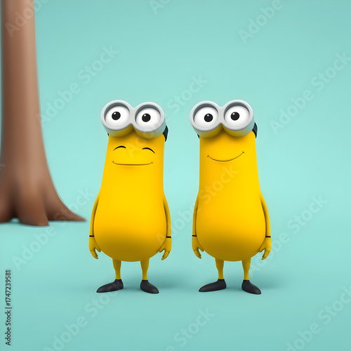 Two Cute Yellow Cartoon Characters Standing Together on Light Background