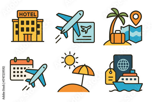 Travel and vacation booking vector icon set. Collection of symbols for holiday planning, flights, and hotels.