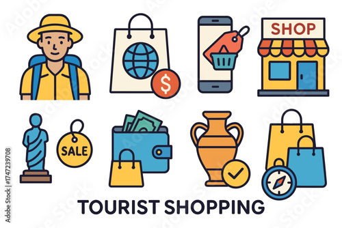 Tourist shopping and travel souvenir vector icon set. Collection of symbols for vacation shopping and mementos.
