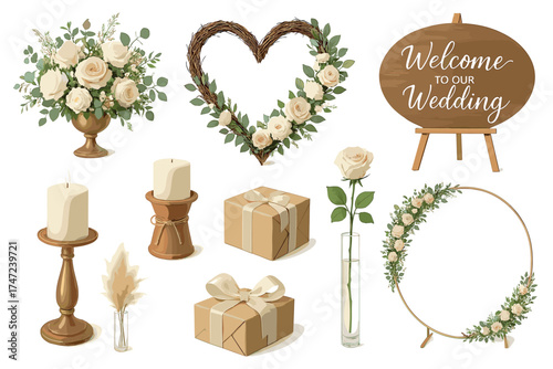 Boho wedding decoration and floral elements vector illustration set. Realistic collection for a rustic wedding ceremony.