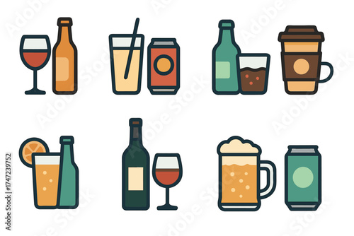 Assorted drinks and beverages flat vector set. Collection of alcoholic and non-alcoholic drink pairings.