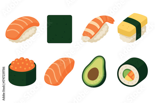 Sushi and Japanese food ingredients flat vector set. Collection of various nigiri, sashimi, maki, and other items.