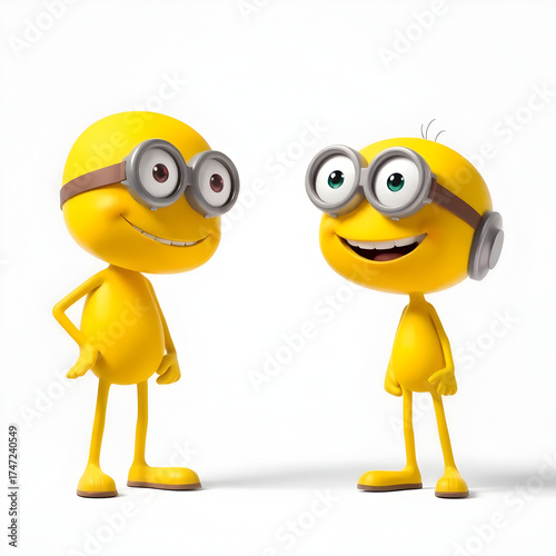 Two Cute Yellow Cartoon Characters Standing Together on Light Background