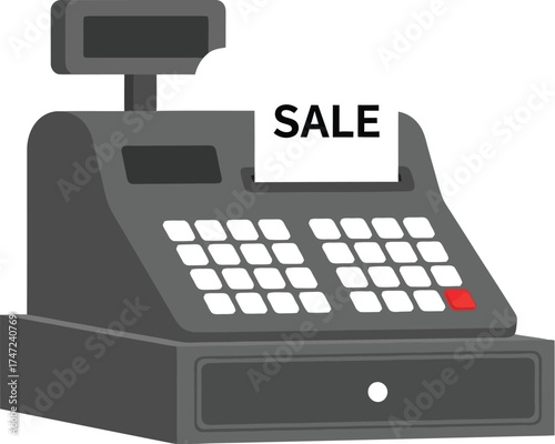 Cash register with sale sign isolated on white background retail and commerce concept