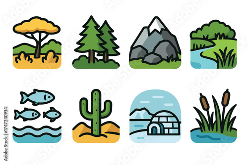Nature and biomes vector icon set. Cute cartoon collection of various landscapes and ecosystems.