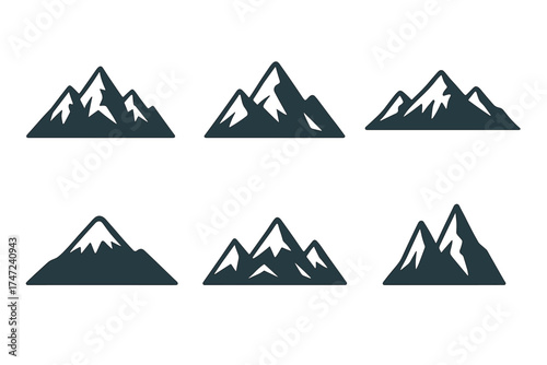 Mountain range black silhouette vector icon set. Collection of minimalist mountain peaks for logo and design.