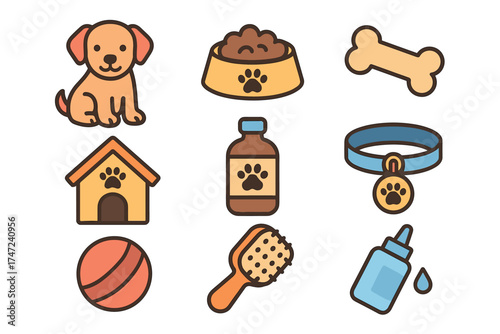 Puppy care and dog supplies cute vector icon set. Doodle collection of accessories for a new pet.