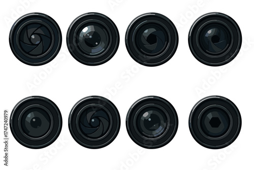 Camera lens and aperture blades realistic vector set. Front view illustration of a lens with different f-stop settings.