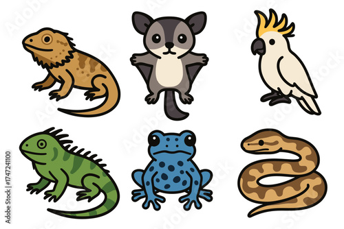 Cute exotic pets cartoon vector illustration set. Adorable collection of various reptile, amphibian, and bird characters.