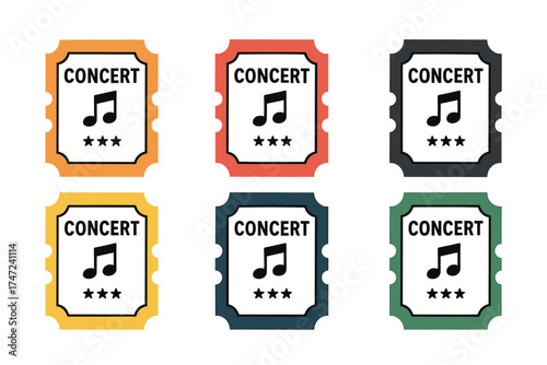 Concert tickets vector icon set. Colorful collection of retro ticket stubs for music events and shows.