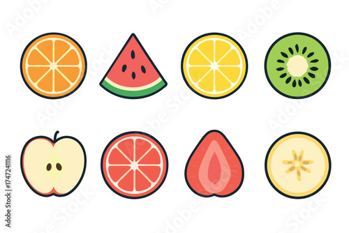 Sliced fruits vector icon set. Colorful collection of various fresh and healthy fruit cross-sections.