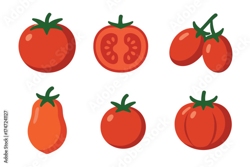 Fresh red tomatoes flat vector illustration set. Collection of various whole and sliced tomato types.
