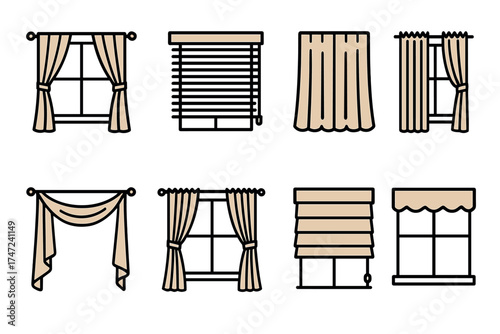 Window curtains and blinds vector icon set. Collection of various drapes and shades for home interior decoration.