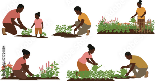 Gardening activity silhouette illustration set, sustainable living and community care concept artwork for lifestyle, environment, and education design
