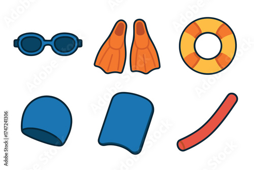 Swimming pool accessories and equipment vector icon set. Collection of items for swimming lessons and training.