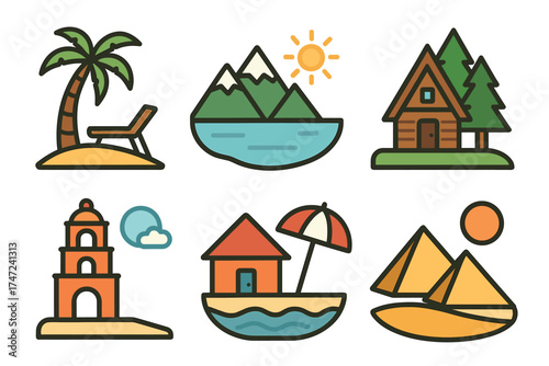 Vacation destinations and travel locations vector icon set. Collection of various landscape and landmark symbols.