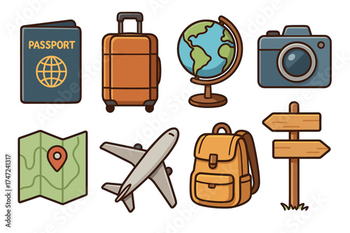 Travel and vacation doodle vector illustration set. Hand drawn collection of items for a global journey.