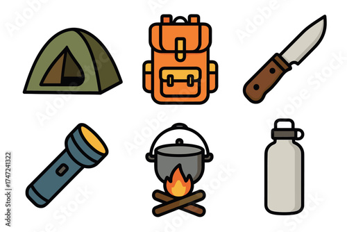 Camping and survival essentials vector icon set. Simple collection of gear for outdoor adventure and hiking.