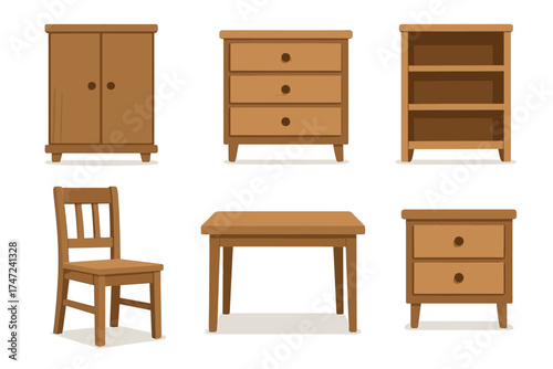 Wooden furniture flat vector illustration set. Simple collection of various home interior and room elements.
