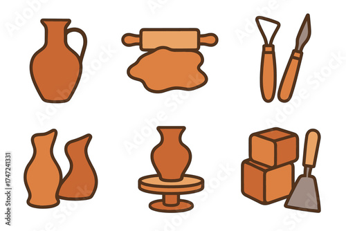 Pottery and clay craft vector icon set. Simple collection of tools and ceramics for a creative hobby.