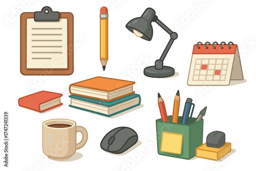 Office and study supplies doodle vector illustration set. Hand drawn collection of various stationery and desk items.
